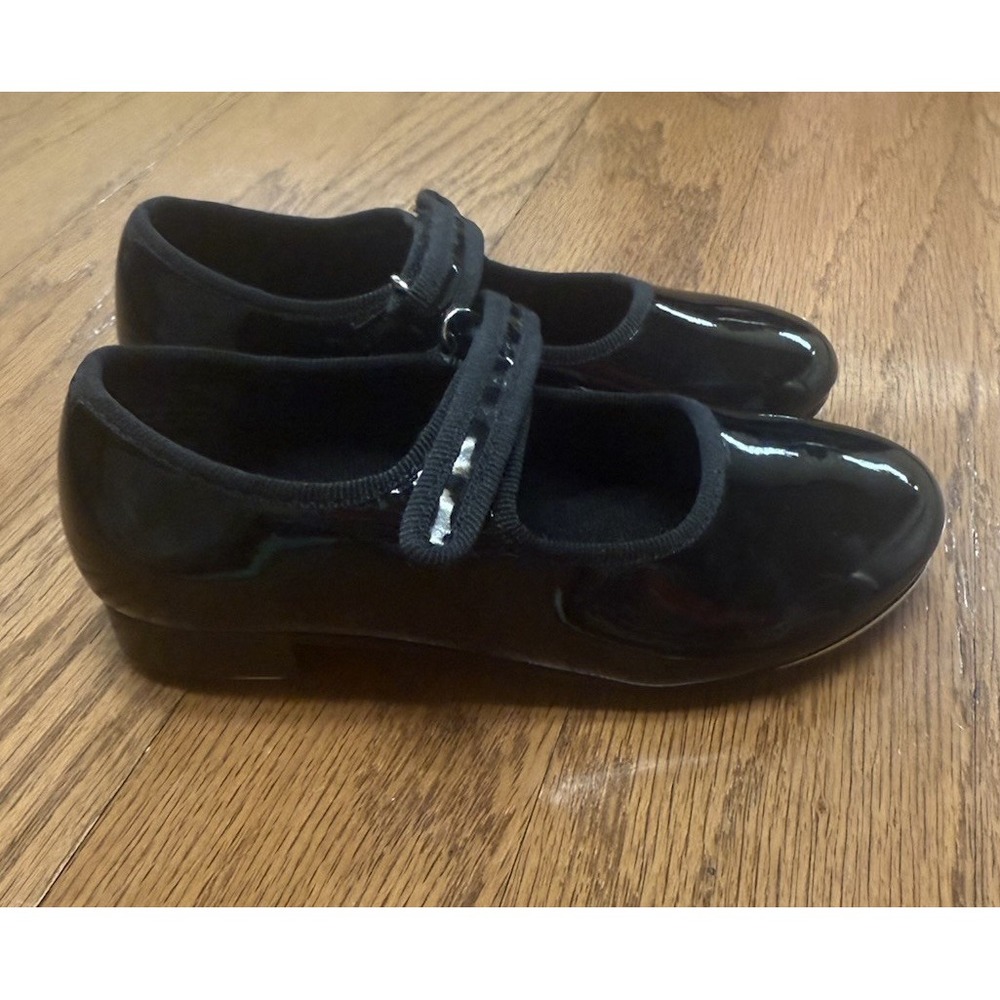 Dance Class Tap Dance Shoes Girls‎ Patent Leather Black Lined Sz 10 - Picture 2 of 7